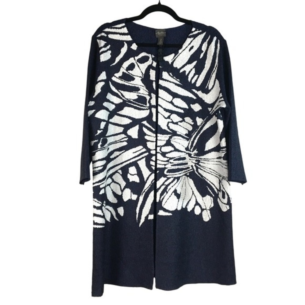 Chicos Travelers Collection Navy Blue White Butterfly Print Long Cardigan Size 2